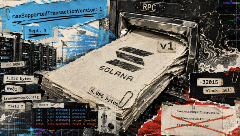 Oversized Solana v1 transaction pass jams an RPC gate beside error scraps and server infrastructure.