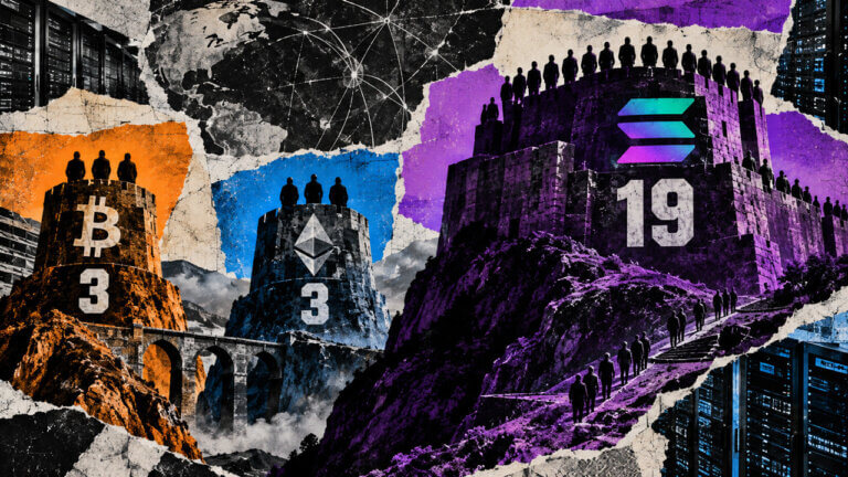 Editorial collage showing Solana’s 19-entity threshold as a large fortress beside Bitcoin and Ethereum towers marked three.
