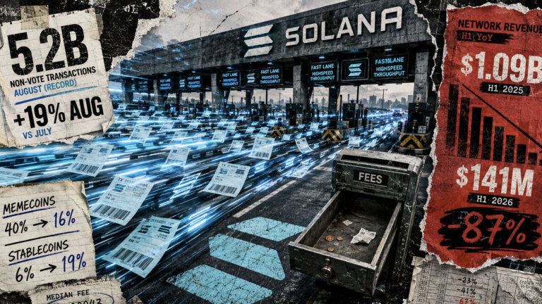 Solana fast-lane transaction surge contrasts with an almost empty fee drawer and an 87% H1 network revenue decline.