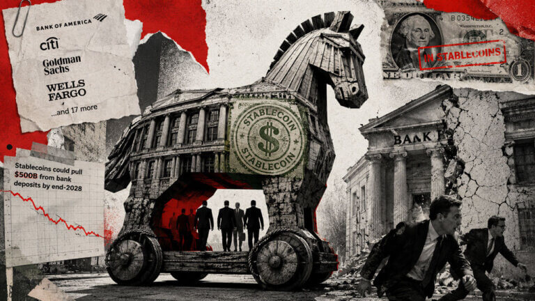 Trojan horse built from bank architecture advances on traditional banking, symbolizing Wall Street embracing the stablecoin threat it feared.