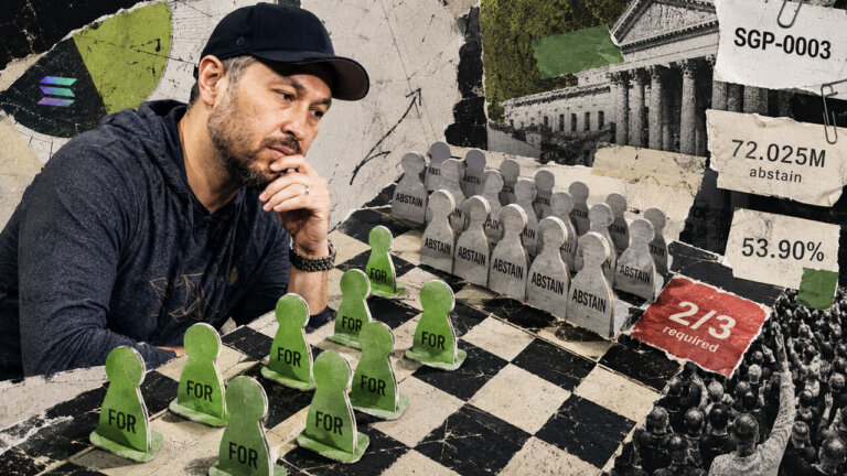 Yakovenko studies a chessboard where green For pieces face a larger gray Abstain bloc, showing Solana governance as a strategic vote.