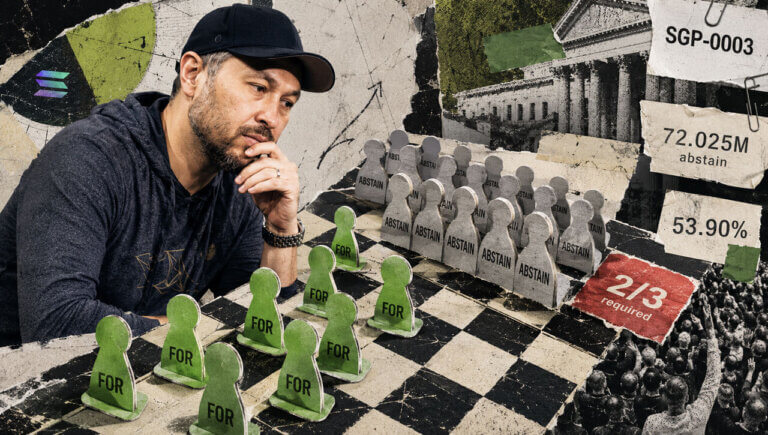 Yakovenko studies a chessboard where green For pieces face a larger gray Abstain bloc, showing Solana governance as a strategic vote.