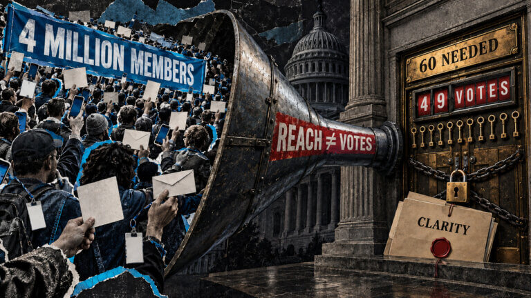 Editorial collage of a four-million-member advocacy crowd funneled toward a locked Senate gate showing 49 votes against the 60 needed for CLARITY.