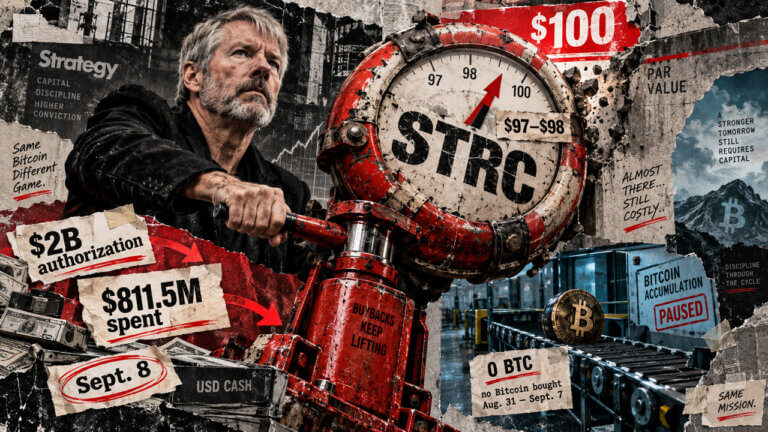 Michael Saylor operates a distressed STRC rescue gauge pushing toward $100 as Strategy expands buybacks and Bitcoin purchases pause.