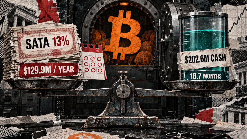 Editorial collage of a balance comparing SATA’s $129.9 million annual dividend burden with $202.6 million in cash and 18.7 months of coverage.