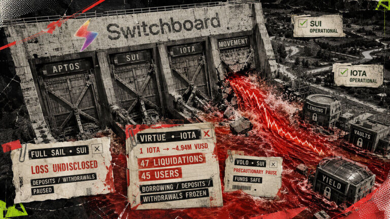 Switchboard dam metaphor bursts with corrupted oracle data while Move deployments halt and DeFi apps face frozen access and losses.