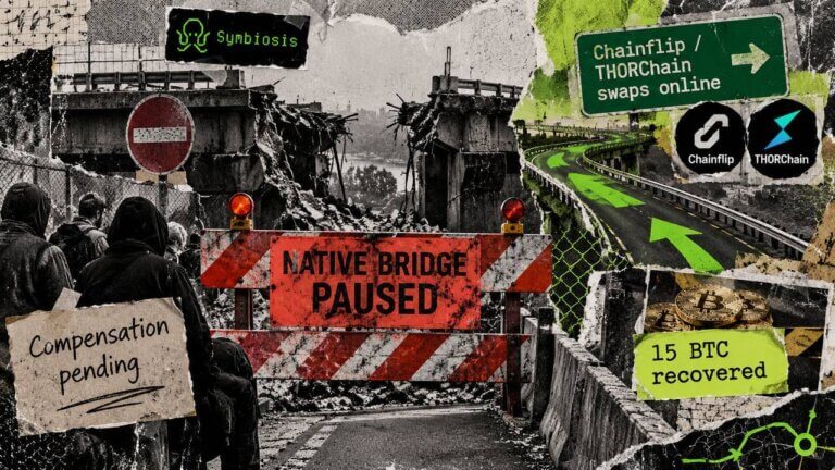 Symbiosis bridge recovery scene showing a damaged native bridge, 15 BTC recovered, alternat