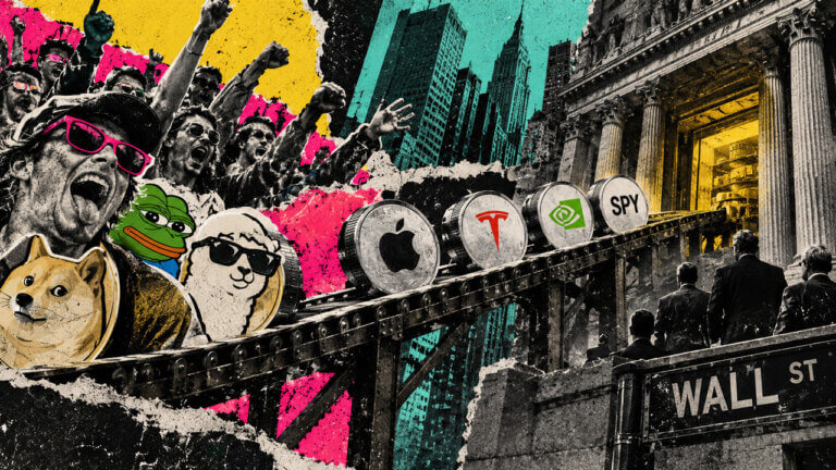 Memecoin culture and tokenized stocks travel along an industrial rail into a Wall Street vault in a gritty editorial collage.
