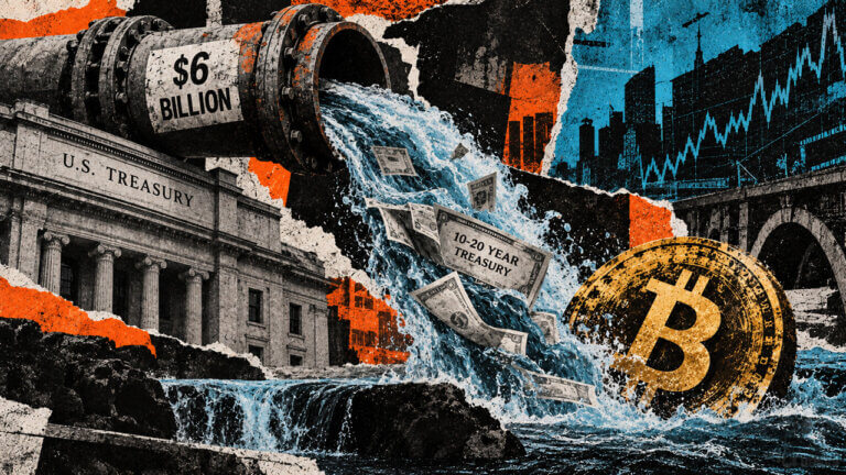 Treasury liquidity crashes toward Bitcoin beneath a $6 billion pipe, surrounded by bond fragments, city silhouettes, and market charts.