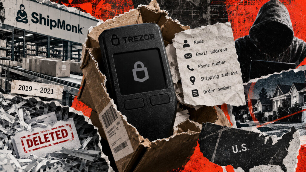 A locked Trezor wallet sits in a torn shipping box as exposed customer records, ShipMonk signage, and U.S. address fragments surround it.