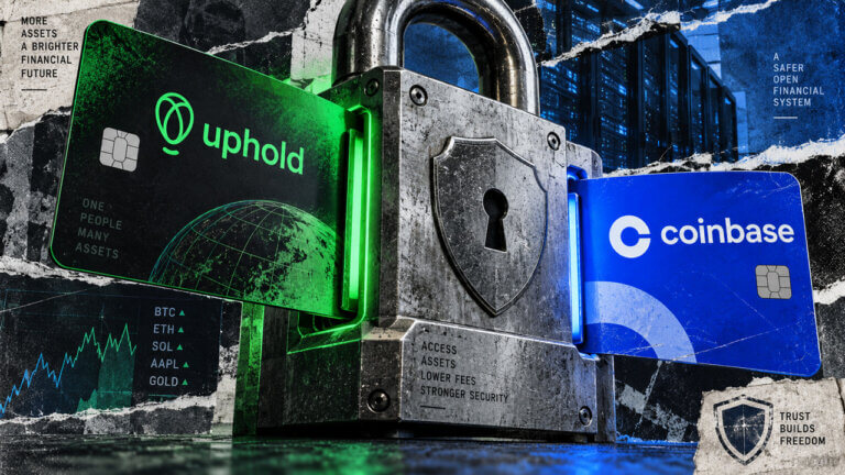 Uphold and Coinbase cards flank a massive padlock, representing security, account access, assets, fees, and trading services.