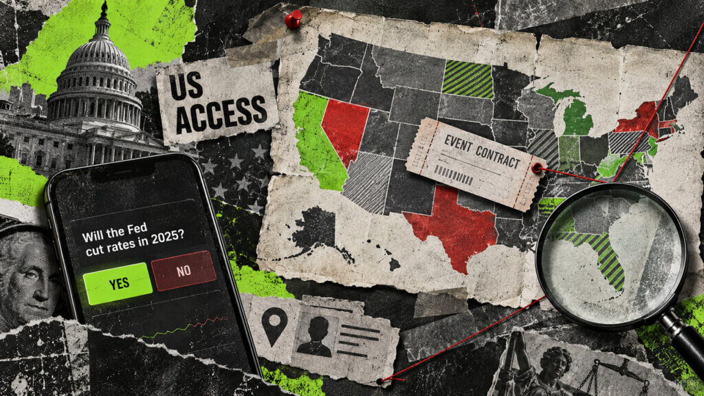 US prediction market access visualized with a state map, event contract, identity check, and legal-status cues in a distressed collage.