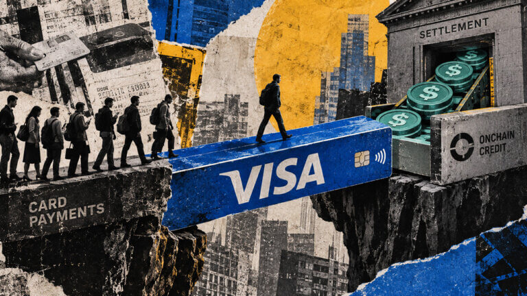 Visa card bridges a settlement gap as stablecoin credit flows toward payment infrastructure in a gritty editorial collage.