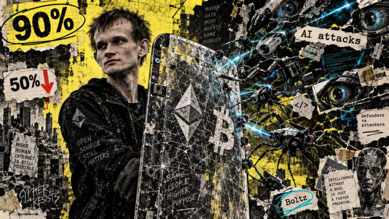 Vitalik Buterin stands behind a battered Bitcoin-Ethereum shield as AI attack drones test crypto defenses.