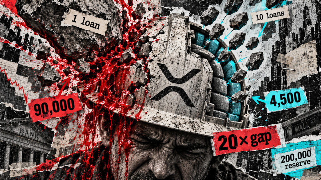 Distressed XRP eye collage contrasts one large default causing a 90,000 loss with ten smaller loans limiting loss to 4,500.