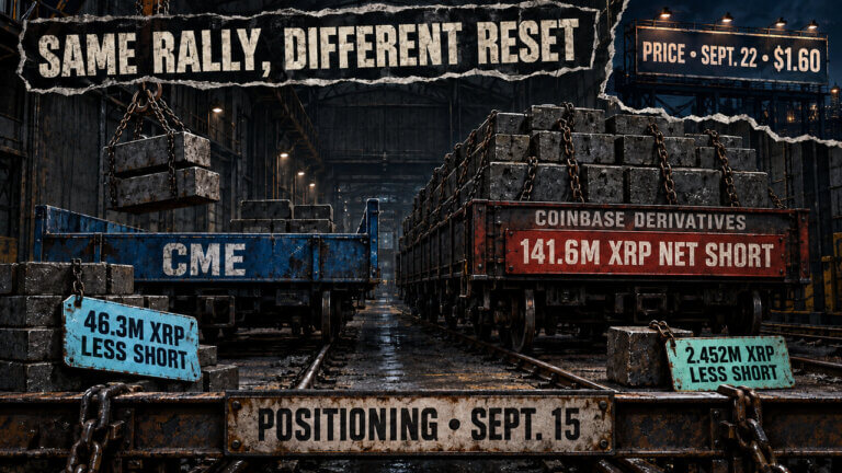Editorial collage contrasts CME’s 46.3 million XRP short reduction with Coinbase Derivatives’ largely unchanged 141.6 million XRP net short.