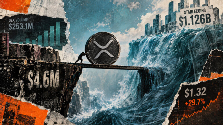 XRP coin crosses a narrow bridge between a $4.6M liquidity base and a $1.126B stablecoin surge in a gritty editorial collage.