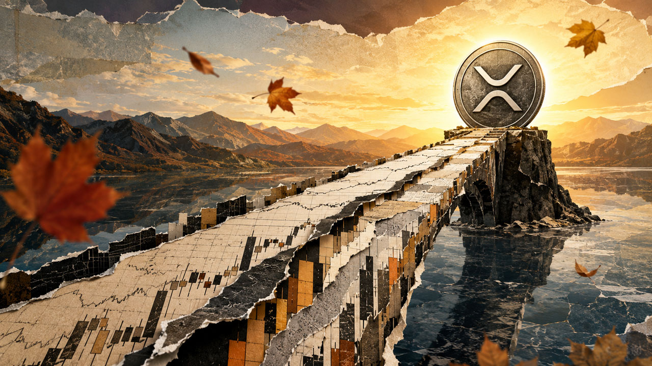 Torn-paper market charts form a bridge toward a large XRP coin at sunrise, symbolizing a possible September price climb.