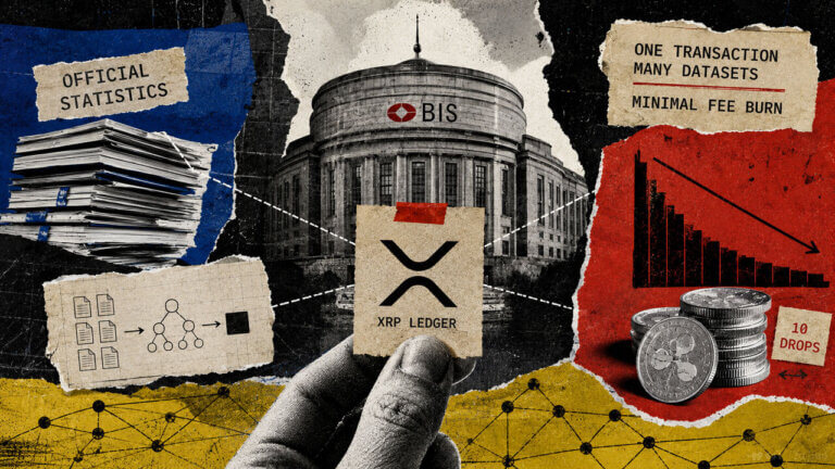 Punk collage of a hand holding an XRP Ledger card before BIS architecture, showing one transaction serving many datasets.