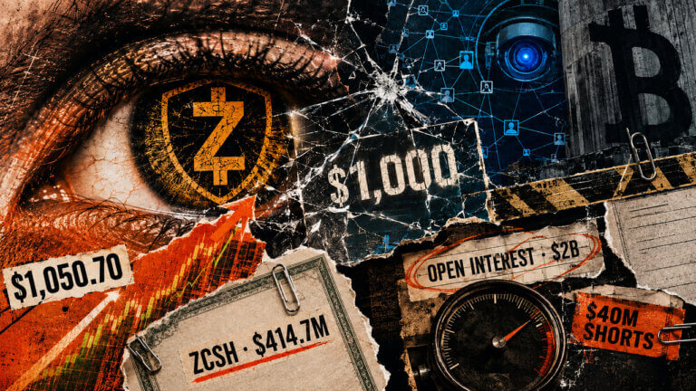 Editorial collage shows a Zcash-symbol eye breaking a $1,000 barrier, with ZCSH assets of $414.7 million, $2 billion open interest and $40 million shorts.