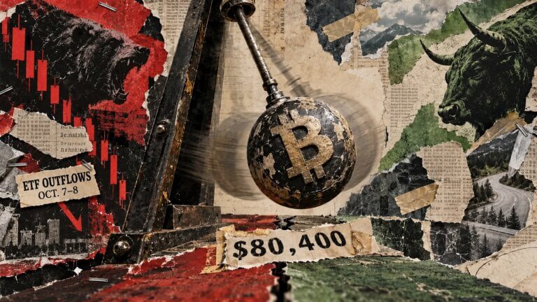 A Bitcoin pendulum between a bear and bull around an illustrative $80,400 level, beside an ETF-outflows note dated Oct. 7–8.