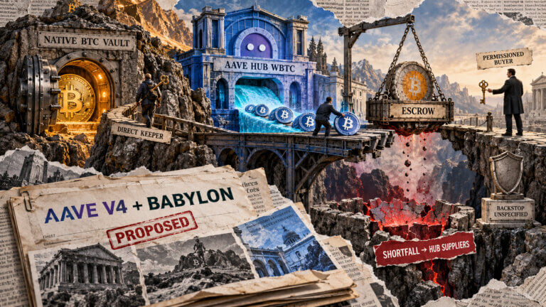 Editorial collage showing native BTC secured in a vault as Aave Hub WBTC funds settlement, with escrow shortfalls potentially reaching suppliers.
