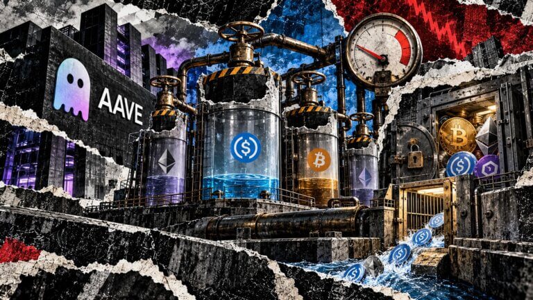 Editorial collage of Aave’s capped lending pools, reduced rate gauge, collateral vault and limited withdrawal liquidity.