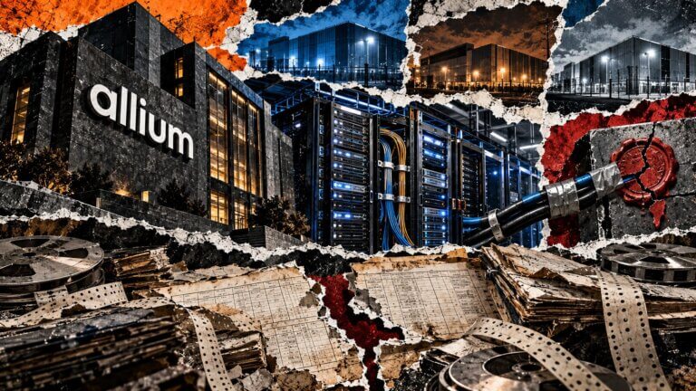 Editorial collage of Allium’s data center, restored servers and a repaired cable above torn archival records still awaiting recovery.