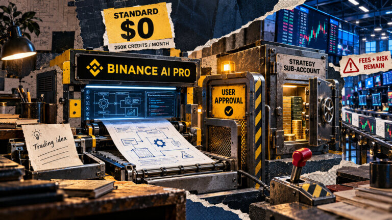 Editorial collage showing Binance AI Pro’s free Standard tier turning a trading idea into a tested strategy requiring user approval and a funded sub-account.