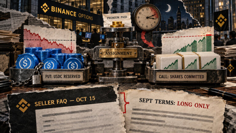 Editorial collage showing Binance options, locked USDC and committed shares under assignment, with conflicting October seller guidance and September long-only terms.