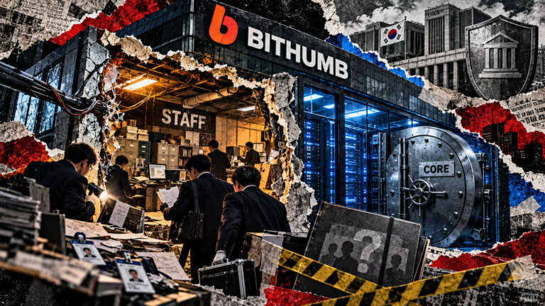 Torn-paper collage showing investigators examining Bithumb’s exposed staff system while its separate core trading infrastructure remains sealed behind a vault.