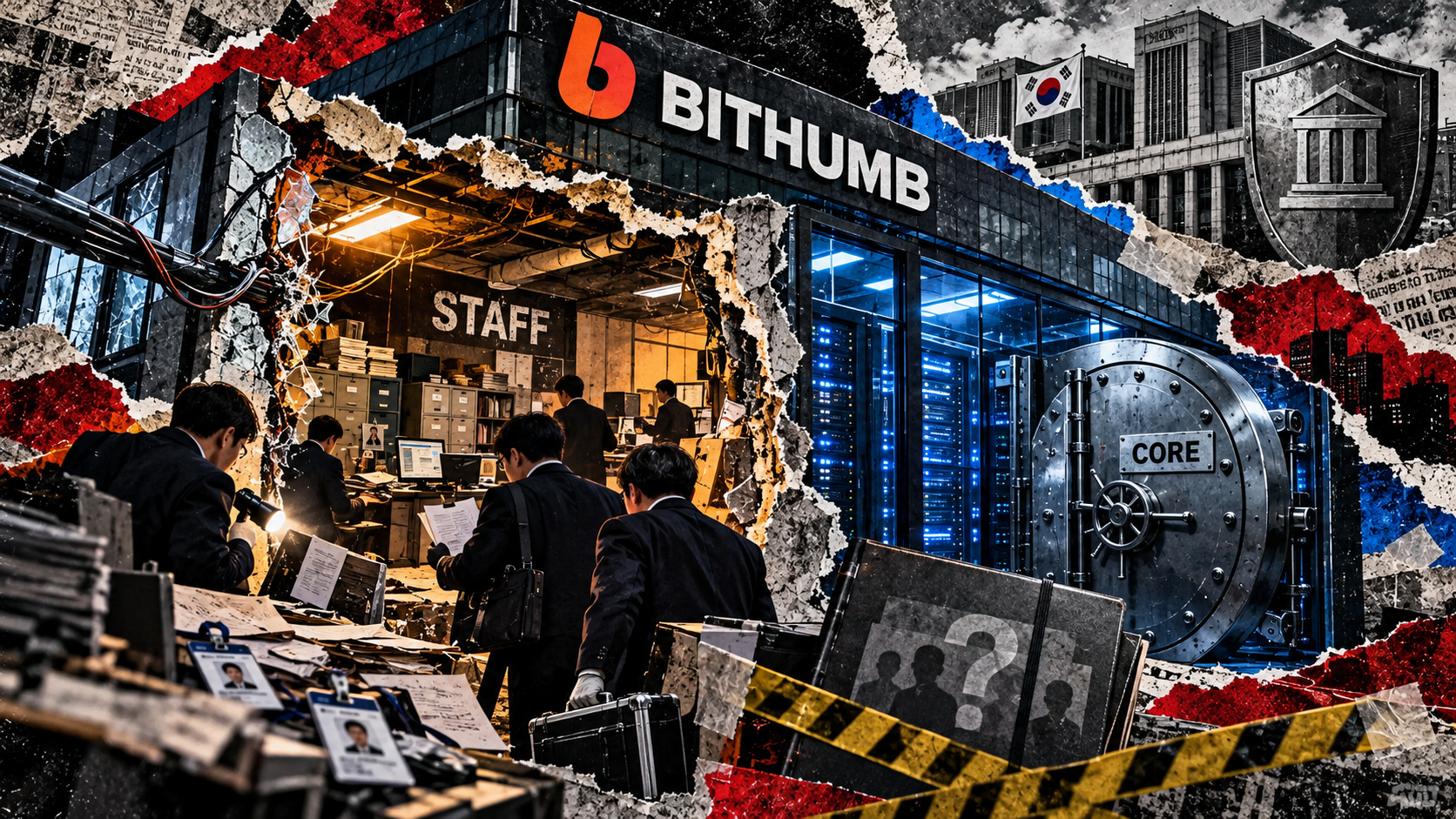 Torn-paper collage showing investigators examining Bithumb’s exposed staff system while its separate core trading infrastructure remains sealed behind a vault.