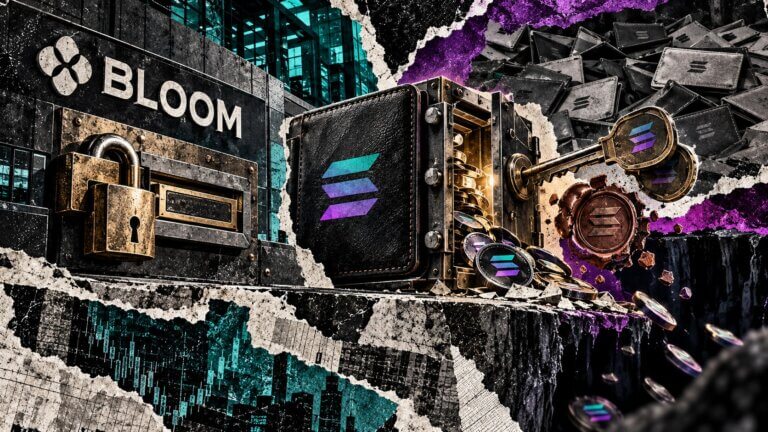 Editorial collage of a locked Bloom withdrawal system beside an open Solana wallet controlled by a separate key.