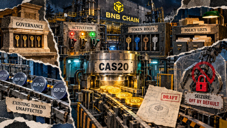 Editorial collage showing BNB Chain’s draft CAS20 token mint with separate governance, activation, token-role and policy controls, while seizure remains off by default.