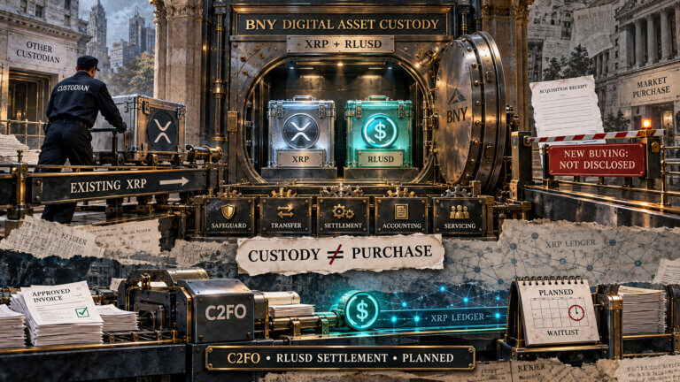 Editorial collage showing existing XRP moving into BNY custody alongside RLUSD, while new XRP buying remains undisclosed and C2FO’s RLUSD settlement is marked as planned.