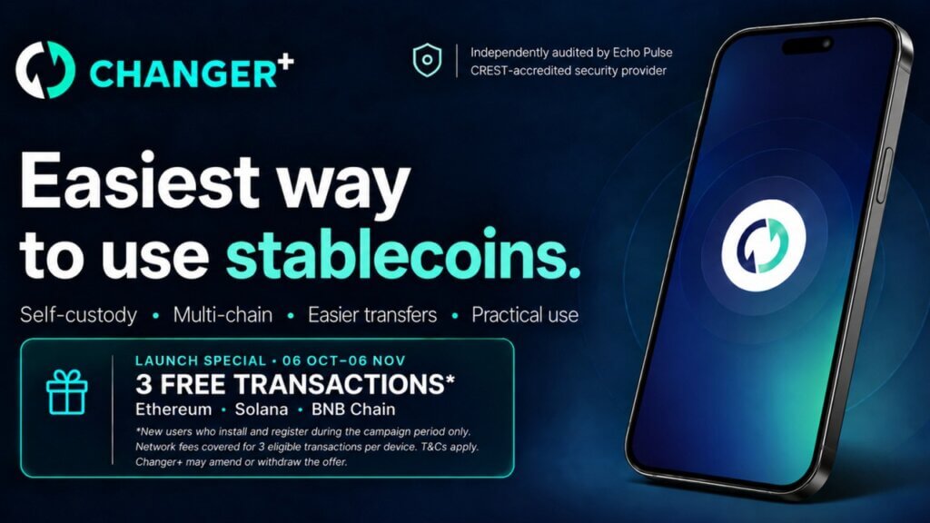 Changer+ stablecoin wallet launch banner and three free transactions offer
