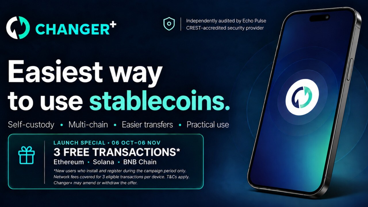 Changer+ stablecoin wallet launch banner and three free transactions offer