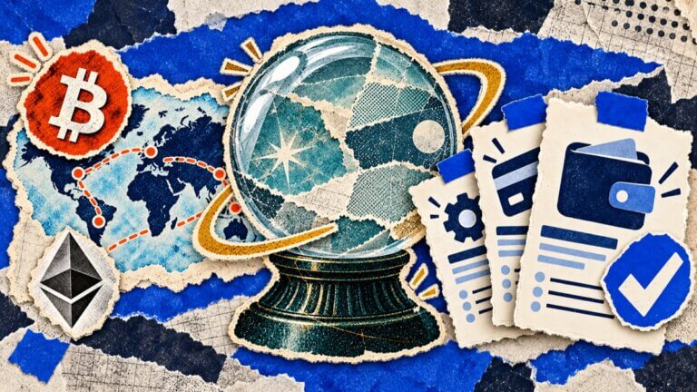 Scrapbook collage of a world map, crystal ball and product review cards representing CryptoSlate's three newsletters.