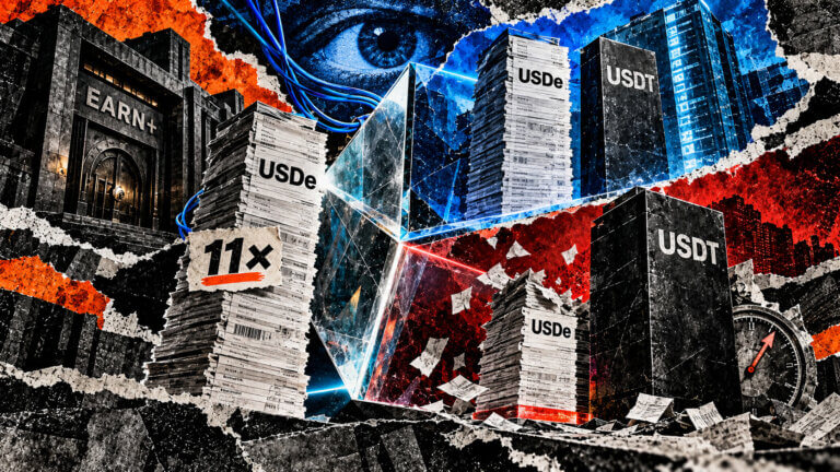 Torn-paper collage showing an Earn+ USDe stack split by a pricing prism into a full oracle valuation and a smaller exit value beside unchanged USDT debt.
