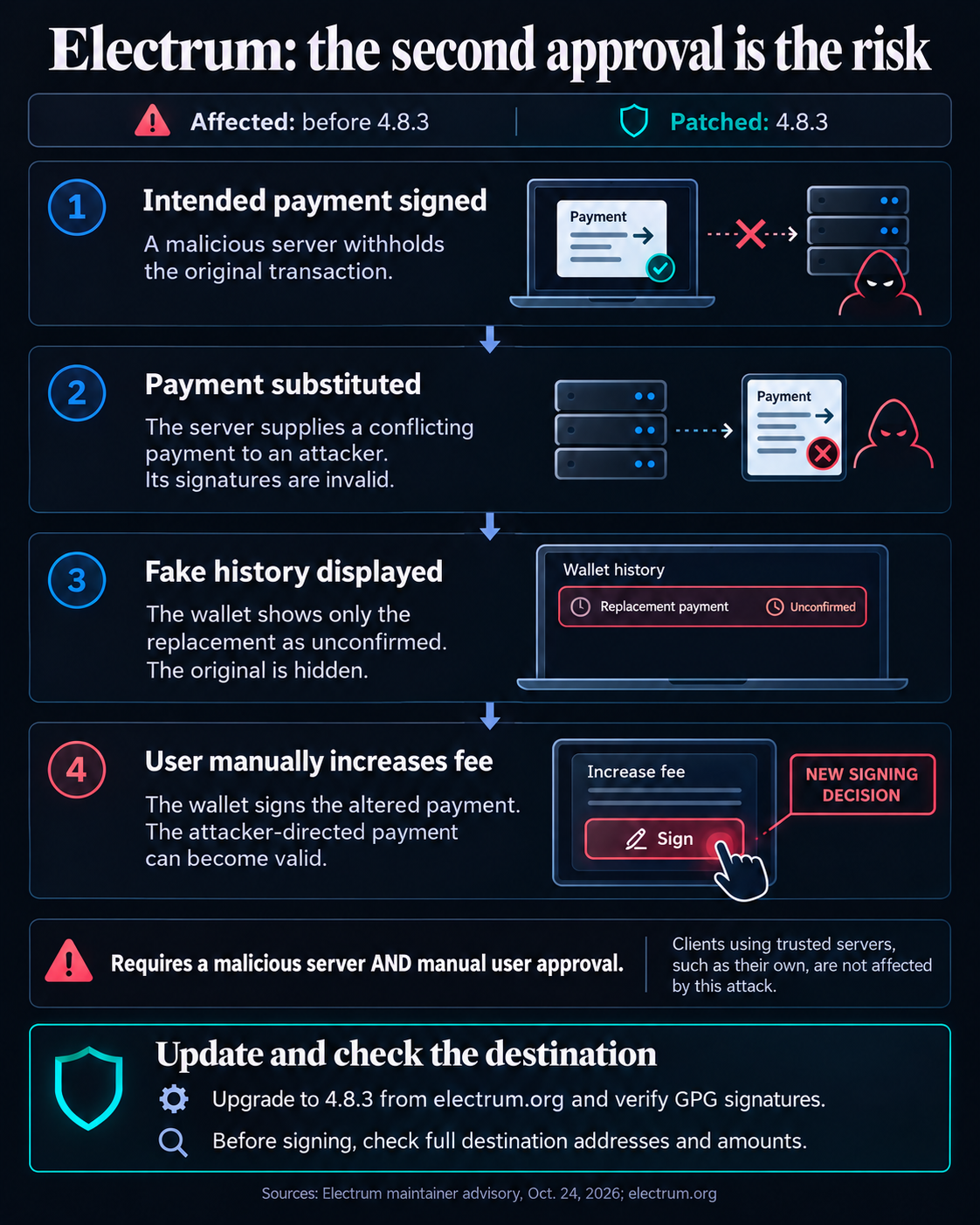 Electrum attack flow: a malicious server hides the original payment and substitutes an invalid attacker payment; a manual fee increase supplies fresh signatures. Trusted-server clients are exempt from this attack.