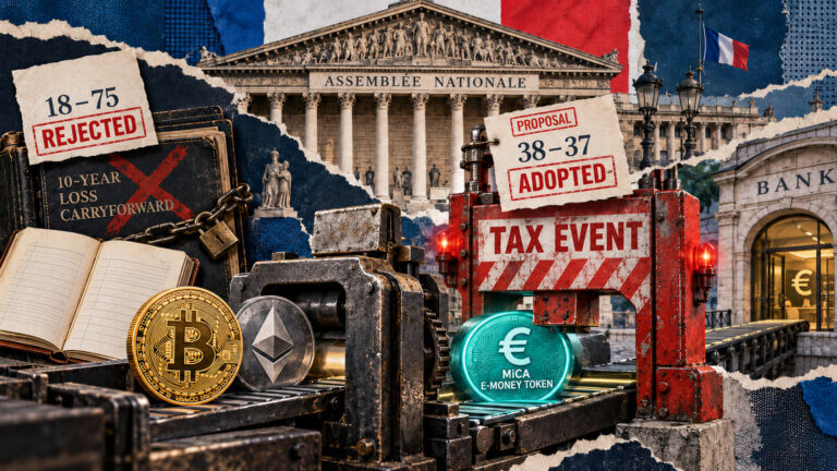 Editorial collage showing France’s proposed tax on crypto swaps into MiCA e-money tokens and rejection of a 10-year loss carryforward.