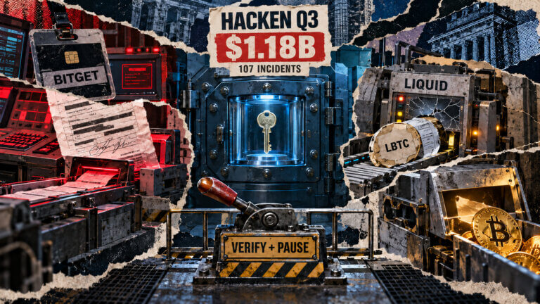 Editorial collage showing Hacken’s $1.18 billion Q3 hack total, with Bitget and Liquid losses bypassing an intact key through authorization and validation failures.