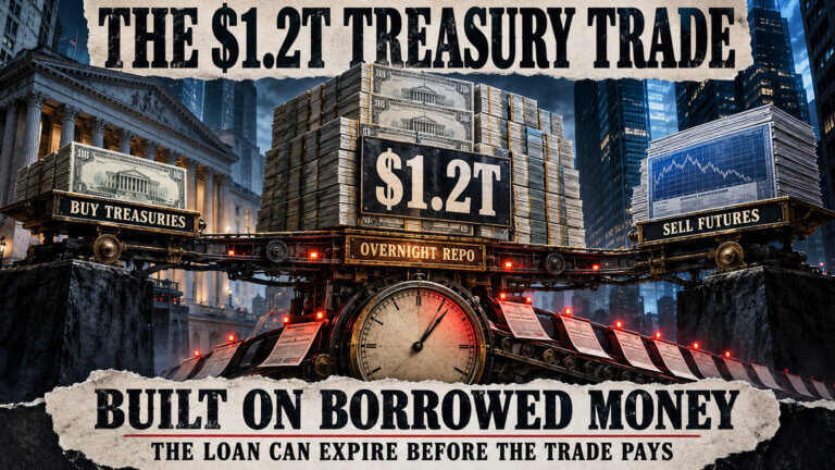 Editorial graphic showing a $1.2 trillion Treasury basis trade balancing purchased bonds against sold futures atop overnight repo financing.