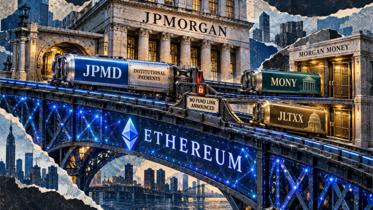 Editorial collage showing JPMorgan’s JPMD, MONY and JLTXX traveling on separate institutional rails across the same Ethereum network.
