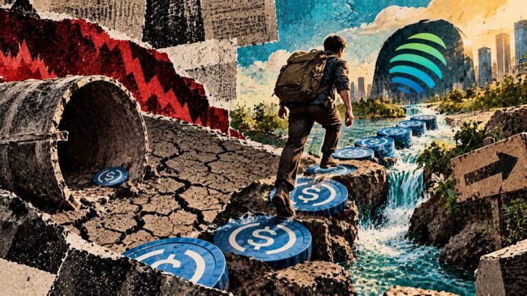 A depositor crosses oversized USDC stepping stones from depleted terrain toward renewed Jupiter Lend liquidity.