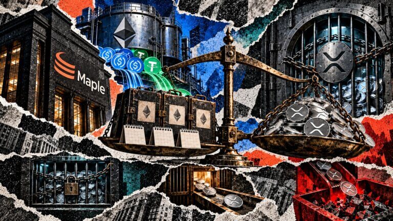 Editorial collage of Maple Finance loans funded by Ethereum stablecoin pools and balanced against XRP collateral held in native custody.