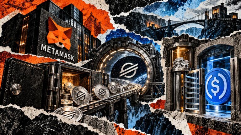 Editorial collage of MetaMask funding a Stellar account with XLM before opening access to receive USDC.