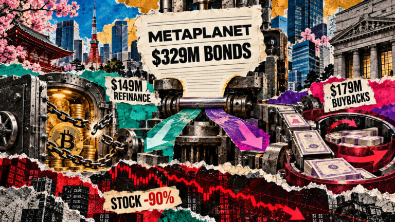 Colorful editorial collage showing Metaplanet’s $329 million bond raise split between $149 million in refinancing and $179 million in buybacks after a 90% stock decline.