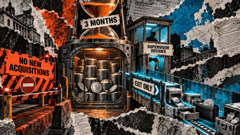 Editorial collage showing stablecoin balances facing a three-month deadline, with new acquisitions blocked and exits controlled by national supervisors.