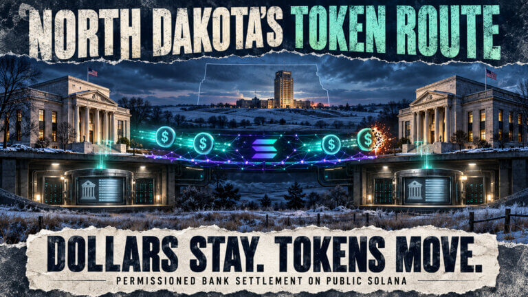 Editorial graphic showing two North Dakota banks connected by a Solana token rail, with dollars remaining in bank accounts as matching tokens move and burn on receipt.